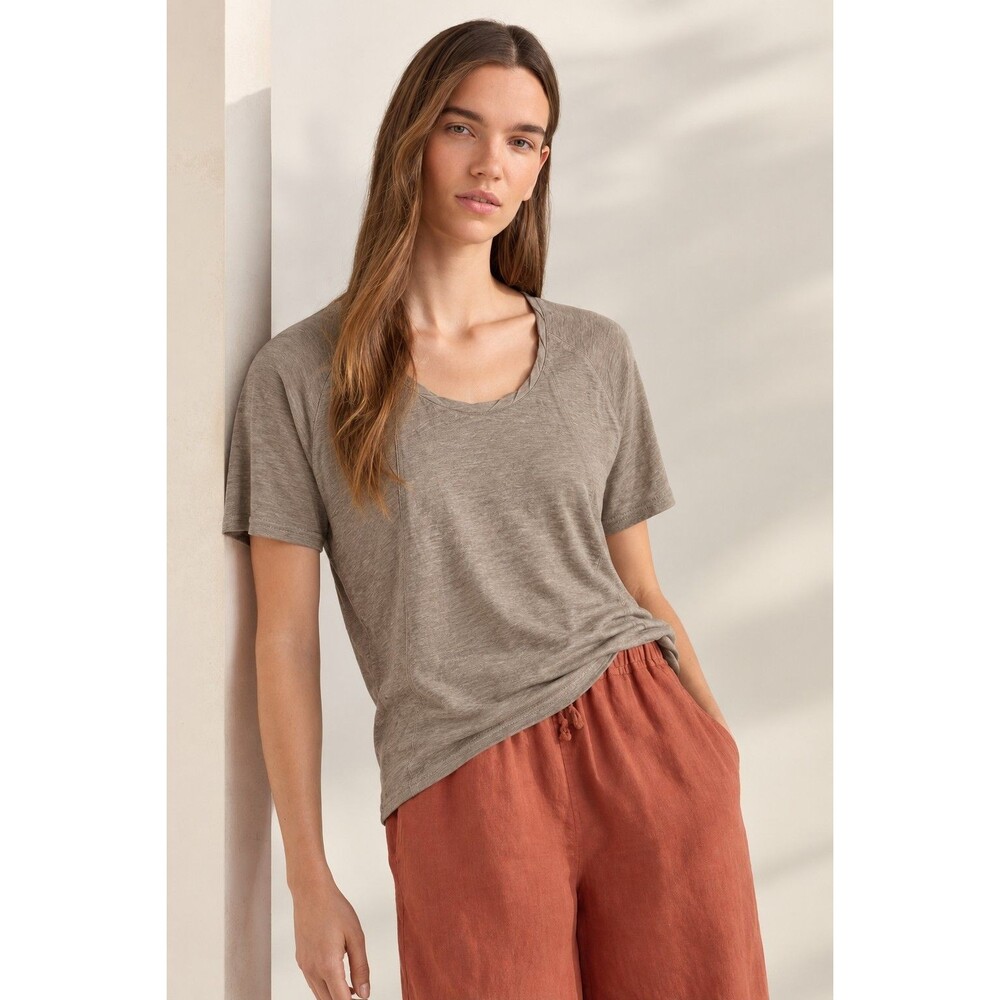 Poetry London Womens Casual 100% Linen Scoop Neck Tee US Sz 8 Beige Neutral